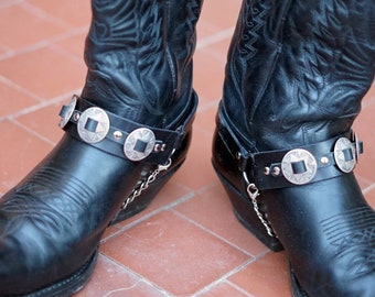 Concho Boot Straps, Western Cowboy boots harness, Leather Bootstraps , chains spurs buckle Mens Womens Steampunk Black