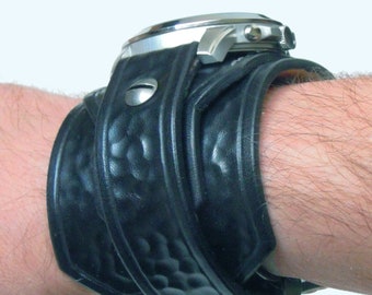 Leather Watch Cuff 22mm, Steampunk Handmade Black Bracelet, Mens Womens Watch Strap , Gift Boyfriend