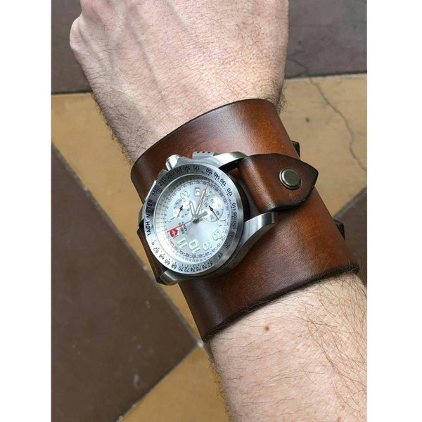 Wide Watch Cuff, 22mm strap Leather Men's Custom Strap, Big Large Bracelet Steampunk