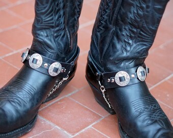 Concho Boot Straps, Cowboy boots harness, Leather Bootstraps conchos, chains spurs buckle Mens Womens Steampunk  Black