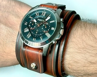 ハンドメイドブラウンレザー腕時計 レザーウォッチカフ、ハンドメイドメンズレディースリストバンド、職人