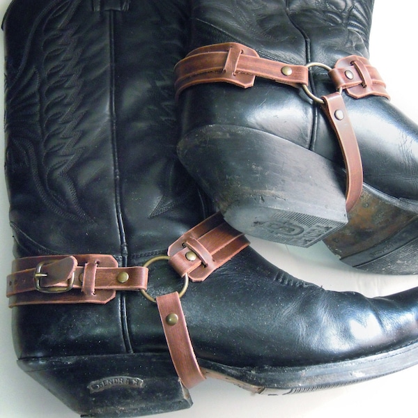 Leather Boot straps, Cowboy Boots Harness, Biker bootstraps, Distressed Brown Vintage Buckle Steampunk Pirate