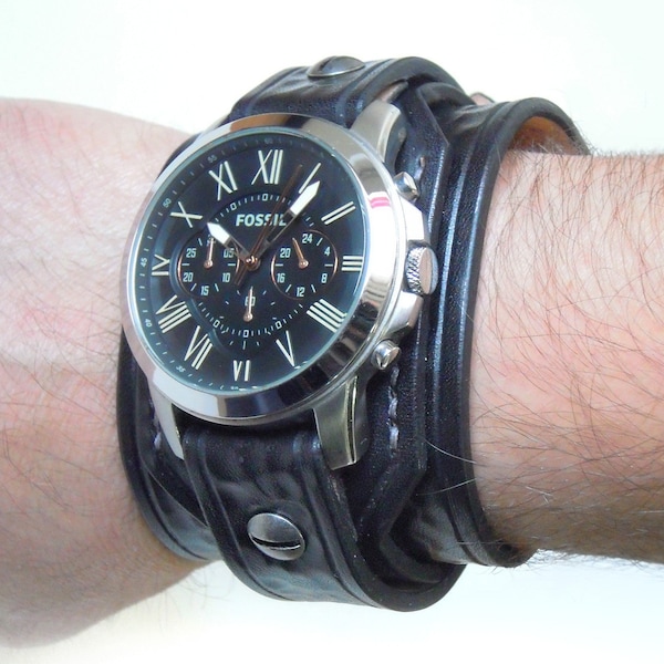Bracelet montre en cuir 22 mm (montre non incluse), bracelet noir steampunk fait main, bracelet de montre homme femme, cadeau petit ami, fait main personnalisé