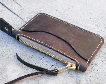 Cartera de cuero con cremallera, minitarjetero, unisex, minimalista, desgastada, hecha a mano, regalo para él y para ella