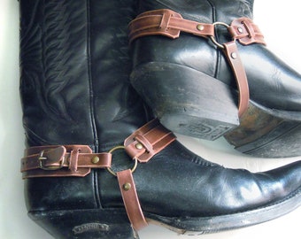 Leren laarsriemen, cowboylaarzenharnas, bikerlaarzen, noodlijdende bruine vintage gesp Steampunk piraat