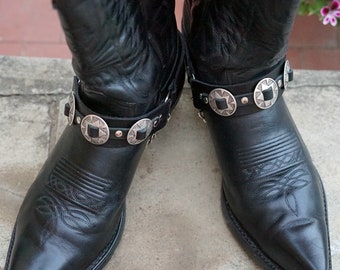 Concho Boot Straps, Cowboy boots harness, Leather Bootstraps conchos chains spurs buckle Mens Womens Steampunk  Black