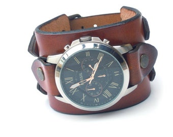 Leather Watch Cuff, Handmade Strap Bracelet, Mens Wide 22mm Johnny Depp style