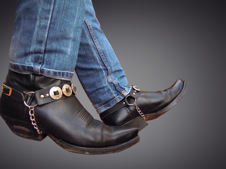 Leather Boot Straps Conchos Chains Cowboy Biker Boots Spurs Etsy