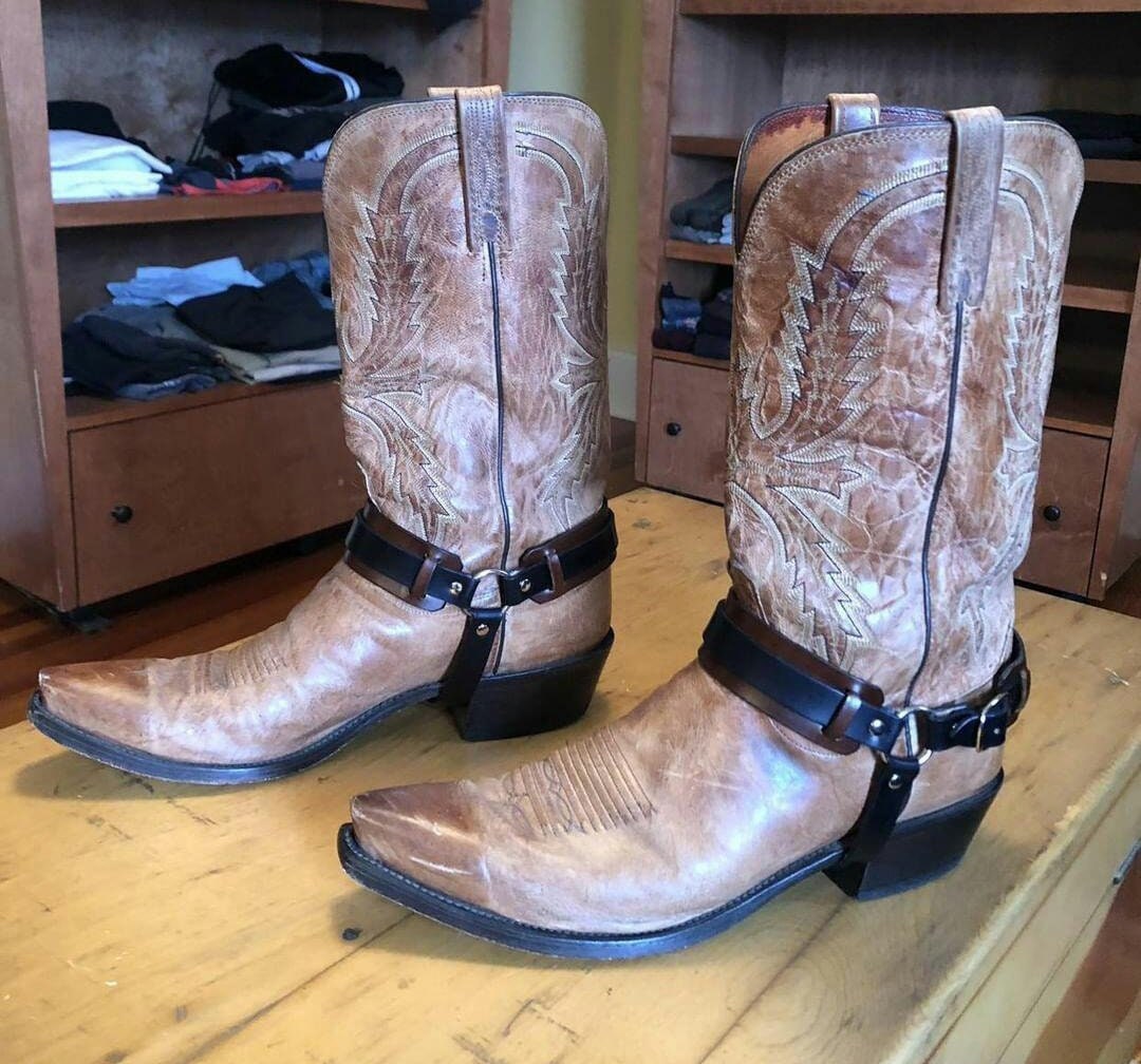 Boot Straps, Leather BLACK Cowboy Boots Harness, Biker Bootstraps