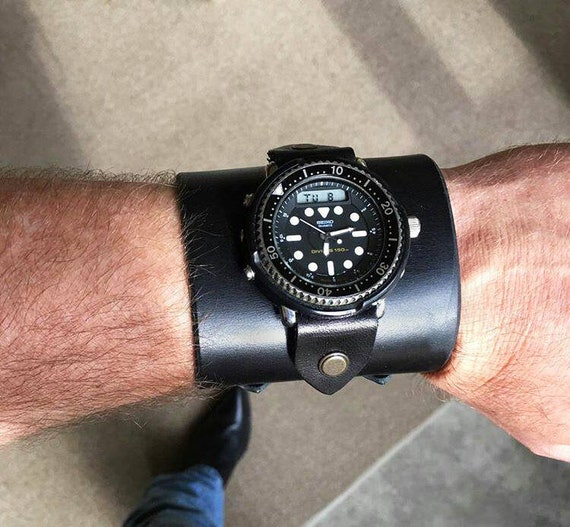 DriftElement Bracciale In Pelle Nera 22 Mm Per Orologio - Cinturino Con Cuciture Motorsport - Lunghezza 19,5 Cm - Acciaio Inox