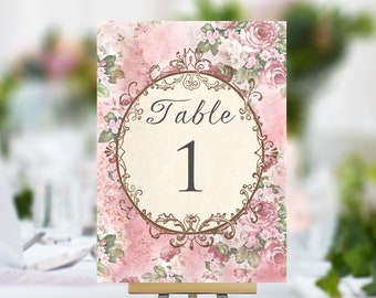 Wedding Table Cards, pink flower design, table names, vintage style design