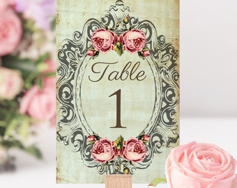 Wedding Table Number Card, Name Cards. Vintage style shabby chic centrepiece, rose flower frame