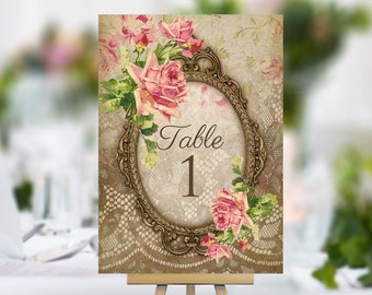 Rose & Lace with Frame - wedding table number card, name cards, centrepiece vintage style