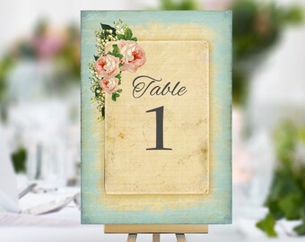 Wedding Table Number Card, Name Card Centrepiece, blue flower shabby chic vintage style