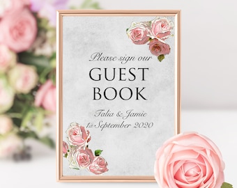 Wedding Guest Book Sign Pink Rose Vintage Style Personalised Personalized Custom