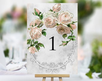 Vintage Style Wedding Table Numbers Names Cards Cream Flower Rose