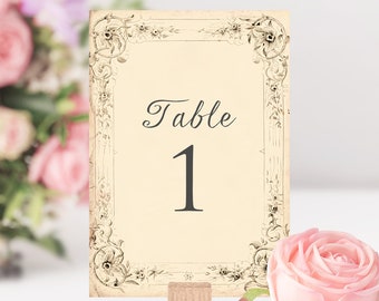 Vintage antique style Wedding Table Numbers, names, shabby chic card, aged table plan