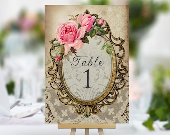 Pretty Vintage Style Wedding Table Number Cards - rose pink rose frame lace
