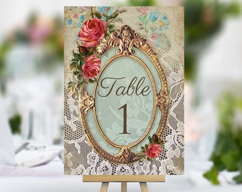 Antique style wedding table number cards, names, vintage frame with lace & flowers