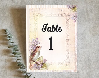 Pastel Bird Wedding Table Numbers Names Cards Vintage Style