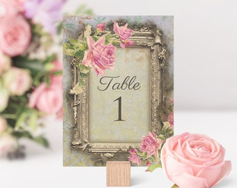 Wedding table card, name cards, vintage style frame flower rose pink