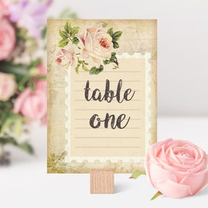 Vintage Style Wedding ~ table number cards ~ stamp rose pink flower centrepiece postcard