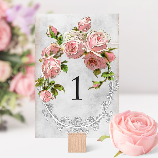 Vintage Style Wedding Table Numbers Names Cards Pink Flower Rose Centrepiece