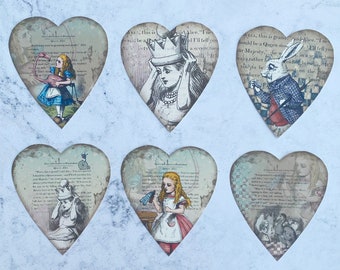 Alice In Wonderland heart Card Toppers, craft, make your own cards gift tags scrapbooking x 6