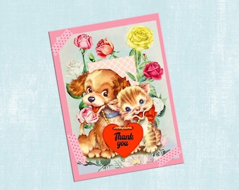 Vintage Puppy Kitten Thank You Card, Floral Design