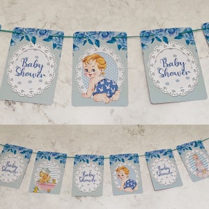 Baby Shower Garland Decoration Boy Blue Vintage Style Bunting 2 metres