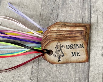 Alice In Wonderland - Drink Me tags - set of 10 party or wedding favour gift tags, mad hatters tea party