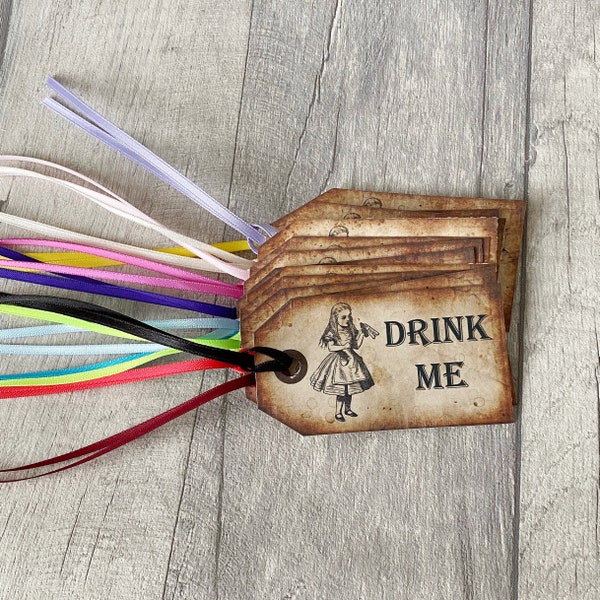 Alice In Wonderland - Drink Me tags - set of 10 party or wedding favour gift tags, mad hatters tea party