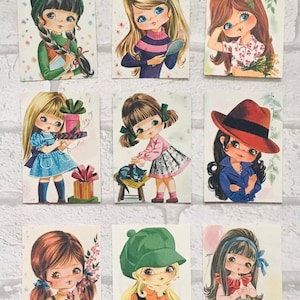 Toppers de carte de fille mignonne pour étiquette de cadeau, artisanat, style rétro vintage des années 70