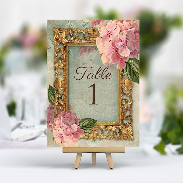 Antique wedding table number cards, names, vintage frame with lace & flowers