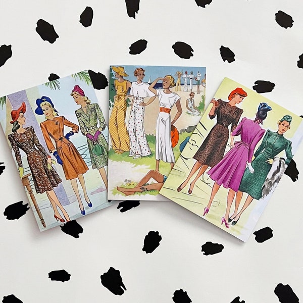 Fashion Vintage Cards - pack set of 3 - 40’s 50’s retro note cards
