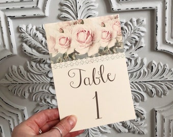 Wedding Table Number Cards Cream with Pink Roses Vintage Style