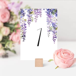 Cartes de numéro de table de mariage de glycine, noms, fleurs simples