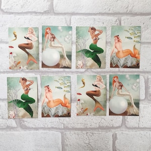 Retro Mermaid Card Toppers - pin up - ensemble de 8 sirènes vintage - faites vos propres cartes, étiquettes cadeaux