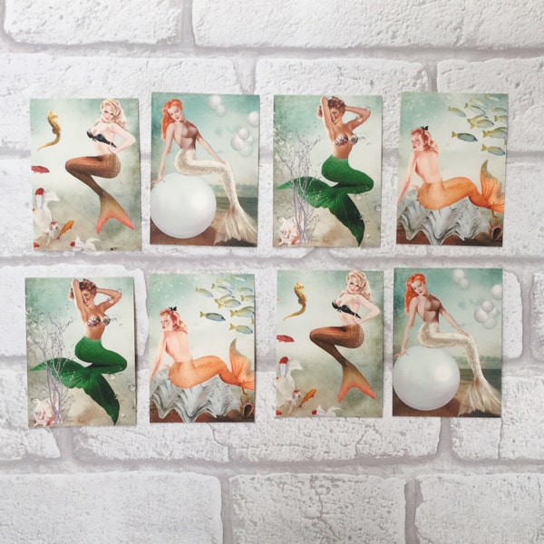 Retro Mermaid Card Toppers - Pin Up - Set von 8 Vintage Meerjungfrauen - basteln Sie Ihre eigenen Karten, Geschenkanhänger