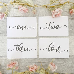 May include: Four white cards with black calligraphy numbers one to four. The cards are on a light grey wood background with pink flowers.
