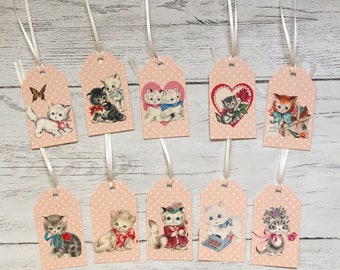 Retro Style Pretty Kitty Cat Gift Tags, set of 10, Cute Kittens, vintage shabby chic