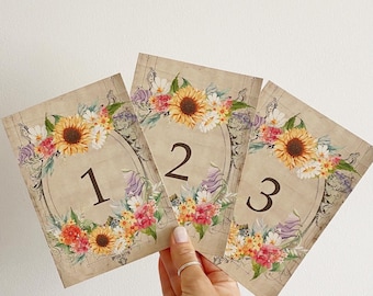 Sunflower Wedding Table Number Cards ~ wild flower design centrepiece