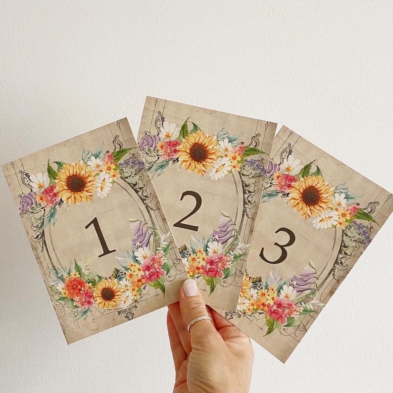 Sunflower Wedding Table Number Cards wild flower design centrepiece image 1