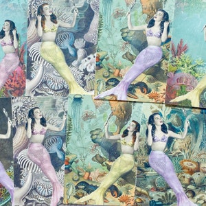 May include: A collage of nine vintage postcards featuring mermaids with long flowing hair and tails. Each mermaid is holding a mirror and is surrounded by colorful underwater scenes with coral, seaweed, and fish.