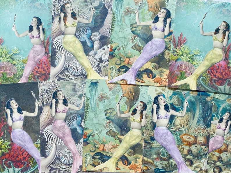 May include: A collage of nine vintage postcards featuring mermaids with long flowing hair and tails. Each mermaid is holding a mirror and is surrounded by colorful underwater scenes with coral, seaweed, and fish.