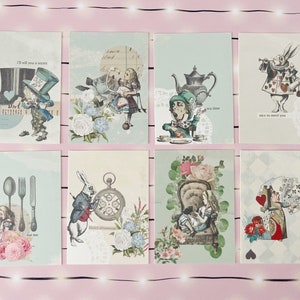 May include: Set of 8 Alice in Wonderland themed postcards. Each card features a different character or scene from the book, including Alice, the Mad Hatter, the White Rabbit, and the Queen of Hearts. The cards are printed on high-quality cardstock and are perfect for sending a whimsical message.