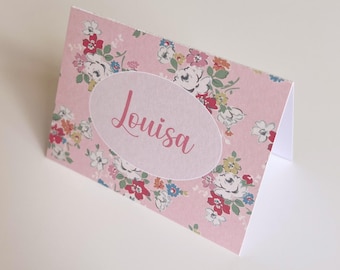 Pink Place Name Cards - set of 10 - Personalised pink flower