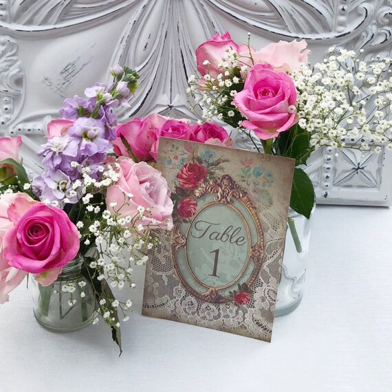 テーブルの花　1997年 Antique Style Wedding Table Number Cards, Names, Vintage Frame