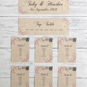 Vintage Style Wedding Table planner Cards postcard Seating Plan