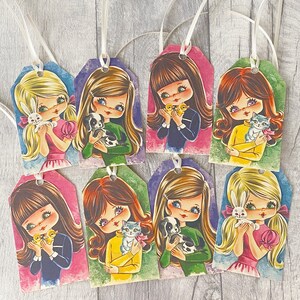 Retro 70s Gift Tags: Girls with Pets, Set of 8 bild 2
